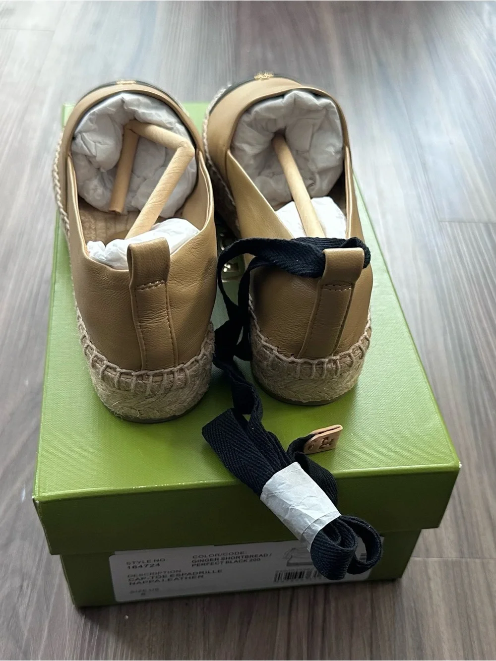 Tory Burch Tan and Black Leather Espadrille Slip-Ons